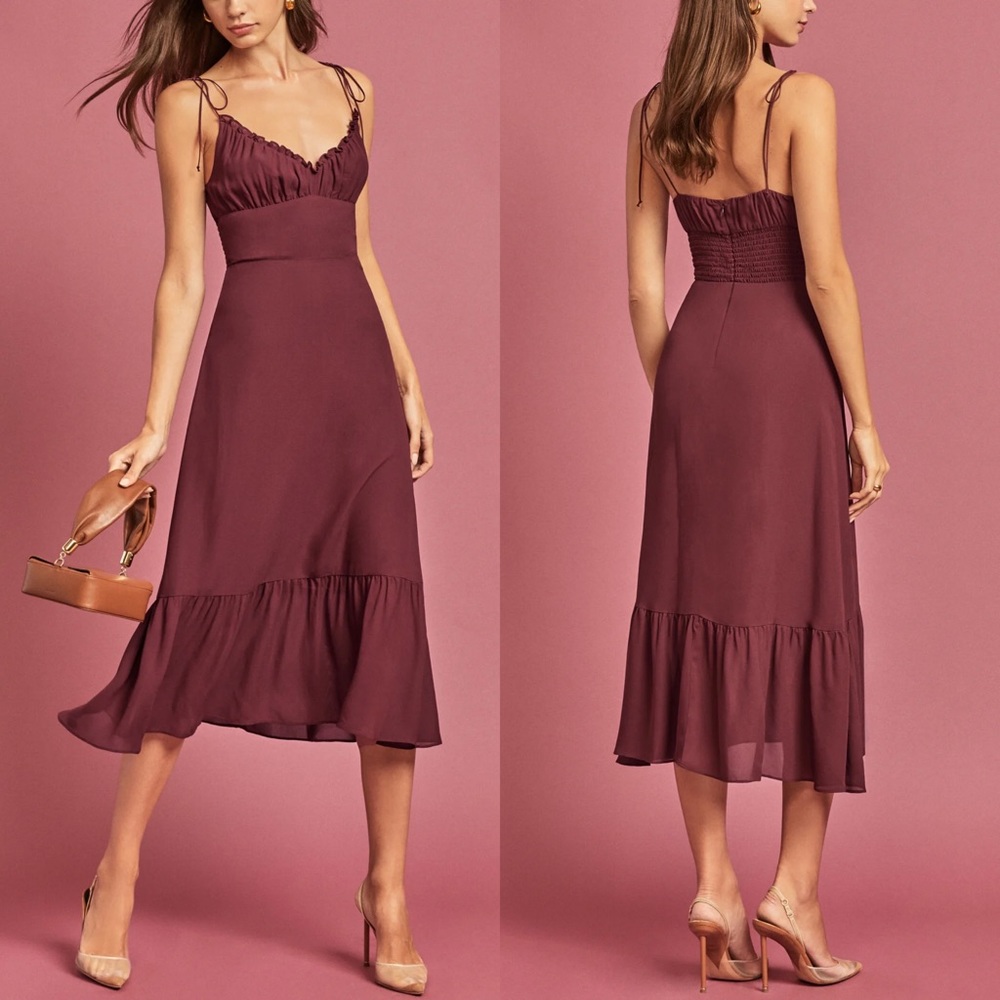 Reformation Embry Plum Burgundy Ruched Tie Shoulder Midi Dress Size 8